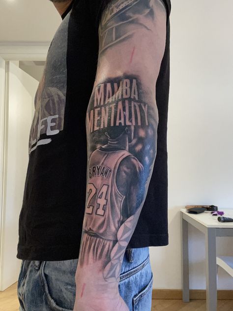 Kobe bryant Basketball Sleeve Tattoo For Men, Kobe Bryant Inspired Tattoos, Kobe Leg Tattoo, Kobe Tattoo Black Mamba, Mamba Mentality Tattoo Ideas, Kobe Bryant Tattoo Design, Nba Tattoos For Men, Kobe Tattoo Designs, Kobe Tribute Tattoo