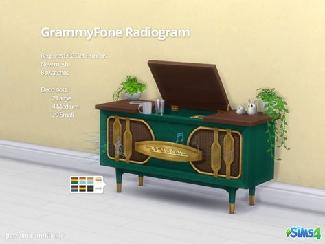 GrammyFone Radiogram | Kliekie on Patreon Sims 4 Vintage Cc Patreon, Sims 4 Cc Retro Furniture Patreon, Sims 4 Cc 1950s Patreon, Sims 4 Retro Build Cc, Sims 4 Cc Instruments Patreon, 1920s Furniture, Simple Texture, Retro Lamp, Sims Building