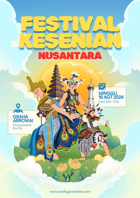 Experience the vibrant culture of Indonesia at our 'Nusantara Art Festival' with our Illustrative Blue and Yellow Poster. Dive into a world of traditional arts and colors that celebrate the richness of our heritage. Join us in this cultural extravaganza—mark your calendars now! Cultural Festival Poster, Cultural Heritage Poster, Join Us Poster, Festival Design Poster, Blue And Yellow Poster, Key Visual Design Ideas, Poster Tarian, Nusantara Art, Cultural Poster