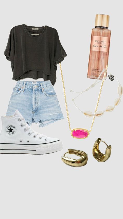 Summer fit! First Hangout Outfit, Out Fit Inspo Teens Summer, Cute First Day Of School Outfits Summer, First Day Of School Outfit With Shorts, First Day Of Summer Outfits, Summer Outfit Layout Casual, Aesthetic First Day Of School Outfits, First Day Of School Outfit Inspo 2024, First Day Of School Outfit Jean Shorts