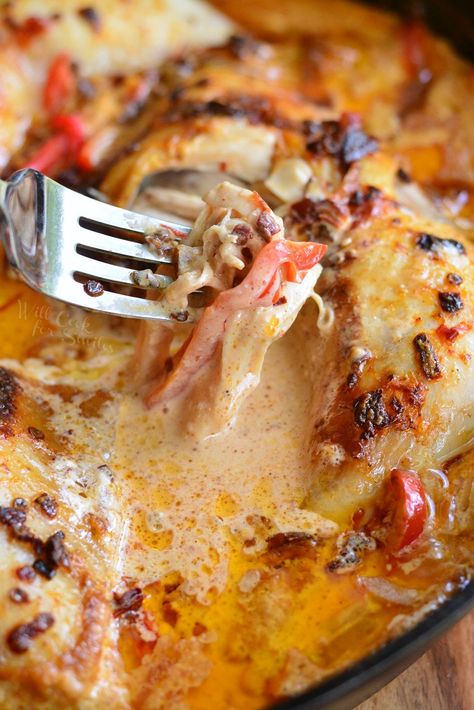 Creamy Chipotle Pepper Chicken Thighs. #chickendinner #chickenthighs Chicken Thigh And Peppers Recipe, Chipotle Pepper Sauce, Chicken Dishes Easy, Bell Pepper Recipes, Pepper Chicken, Chipotle Pepper, Chicken Main Dishes, Chicken Meals, Chicken Dish