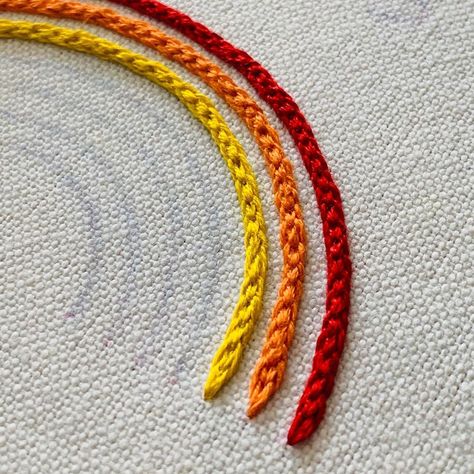 Ruhee Aggarwal on Instagram: “I’m totally in love with the texture of the braided chain stitch ❤️🧡 #makingrainbows #rainbowlove #rainbowembroidery #embroidery…” Rainbow Embroidery Pattern, Braided Chain Stitch, Chain Embroidery, Pdf Embroidery Pattern, Modern Embroidery Kit, Rainbow Embroidery, Basic Hand Embroidery Stitches, Beginner Embroidery Kit, Hand Embroidery Kits