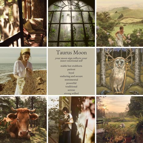 Moon Sign Taurus, Virgo Sun Taurus Moon, Taurus Mood Board, Moon In Taurus Aesthetic, Taurus Moon Aesthetic Outfits, Taurus Season Aesthetic, Taurus Sun Aesthetic, Taurus Moon Aesthetic, Greek Zodiac Signs