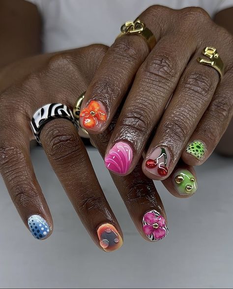 Short Abstract Nail Designs Square, Short Nails For Braiders, Groovy Nails Acrylic Short, Short Airbrush Nail Designs, Maximalist Short Nails, Short Gel X Nail Designs, Groovy Nail Designs Short, Funky Manicure, Short Nails With Designs