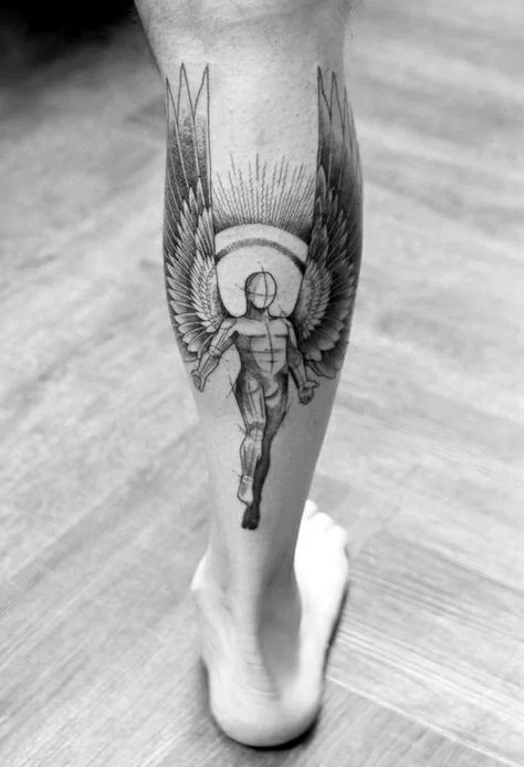 Leg Tattoos For Men - Body Artifact Fire Angel Tattoo, Man Calf Tattoo, Tattoo Placement Men, Calf Tattoos For Guys, Leg Tattoos For Men, Calf Tattoo Men, Back Of Leg Tattoos, Leg Tattoo Ideas, Tattoo Quotes For Men