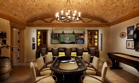 Poker table, Texas hold'em.  Game room. Man Cave Designs, Man Cave Living Room, Texas Hold Em, Man Cave Design, Man Cave Furniture, Recreational Room, Man Cave Basement, Home Theater Design, Basement Bar