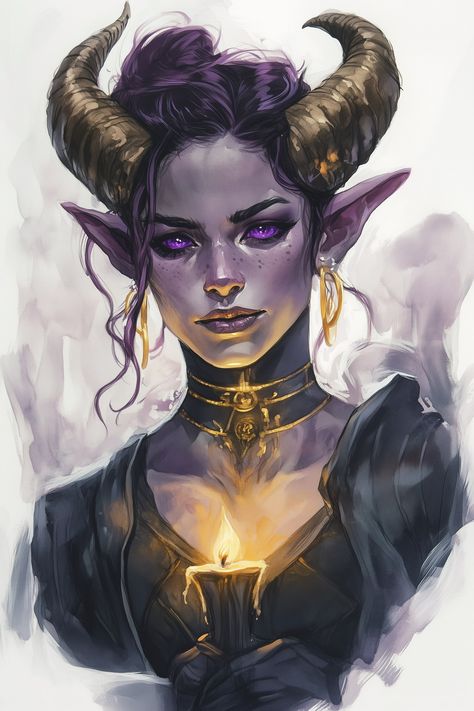 Virelle is a Tiefling bard, an infernal being of average height, she has short, bronze horns emerging from her temple, that curve gently upwards. Her skin is a deep obsidian, smooth yet reflective like polished jet. Her eyes, vibrant violet with horizontal slits, are framed by lashes resembling fine, molten gold threads. She wears her famed black choker around her slender neck, a lucky amulet she... Dnd Sorcerer Tiefling, Dnd Botanist, Dnd Character Tattoo Ideas, Tiefling Names Female, Trifling Female, Tiefling Cleric Female, Tiefling Bard Dnd, Dnd Bard Female, Tiefling Female Rogue