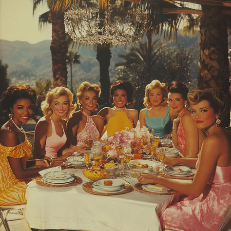 Copa Cabana Party, Slim Aarons Party Theme, Mad Men Cocktail Party, 60s Housewife Aesthetic, Palm Royale Aesthetic, Vintage Casino Aesthetic, Palm Royale Party, Retro Party Aesthetic, 60s Dinner Party