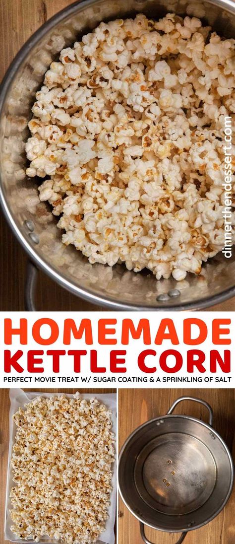 Kettle Corn is the ultimate sweet and salty treat perfect for an at-home movie night made with a sugar coating and a sprinkling of salt. Homemade Kettle Corn, Kettle Corn Recipe, Kettle Corn Popcorn, Popcorn Recipes Easy, Savory Popcorn, Salty Popcorn, Salty Treats, Corn Recipe, Kettle Corn