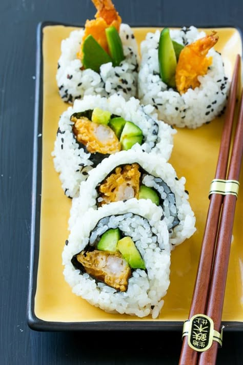 Shrimp Tempura Sushi Roll | Shrimp Tempura Sushi | Shrimp Sushi #sushi #tempura #shrimp #dinner #dinneratthezoo Shrimp Tempura Sushi, Sushi Table, Grill Shrimp, Sushi Ideas, Tempura Sushi, Avocado And Cucumber, Shrimp Tempura Roll, Recipe For Shrimp, Tempura Roll