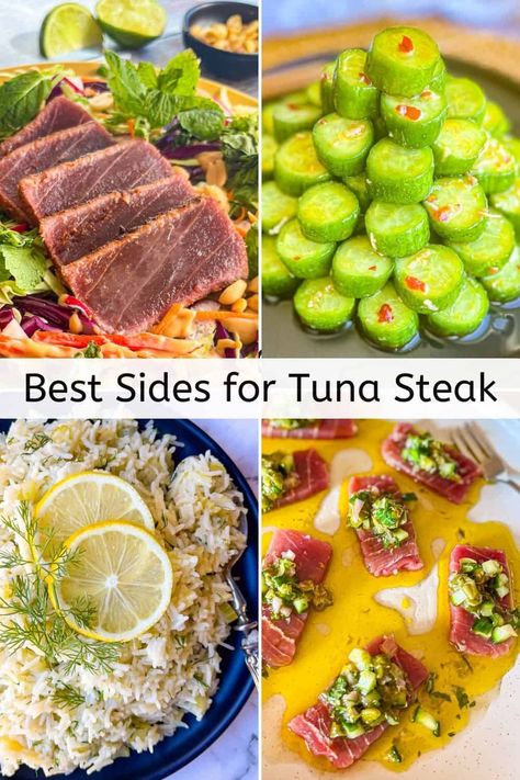 Check out my handy guide to the Best Side Dishes for Tuna Steak! From roasted veggies to fresh salads, rice and potatoes, these easy and flavorful sides pair perfectly with baked, grilled, seared or raw tuna steak recipes. Elevate your tuna dinners with these delicious side dish ideas! Tuna Steak Recipes Salad, Side Dishes For Tuna Steak, Tuna Steak Sides, Rice And Tuna Recipes, Seared Tuna Steak Recipes, Yellowfin Tuna Steak Recipes, Tuna Side Dish, Tuna Steak Side Dishes, Tuna Steak Dinner