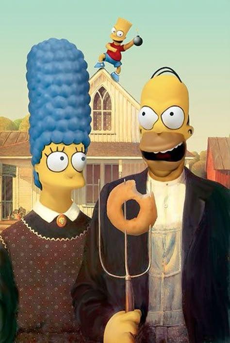 Simpsonian Gothic | 36 Pop Cultural Reinventions Of The American Gothic Painting American Gothic Painting, American Gothic House, American Gothic Parody, Grant Wood American Gothic, Front Of A House, Homer And Marge, Gothic Pictures, Famous Portraits, Grant Wood