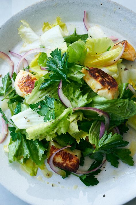 Escarole Salad With Smoky Halloumi Croutons Recipe - NYT Cooking Halloumi Croutons, Escarole Salad, Dandelion Salad, Croutons Recipe, Roasted Cauliflower Salad, Crouton Recipes, Melissa Clark, Spiced Cauliflower, Moroccan Dishes