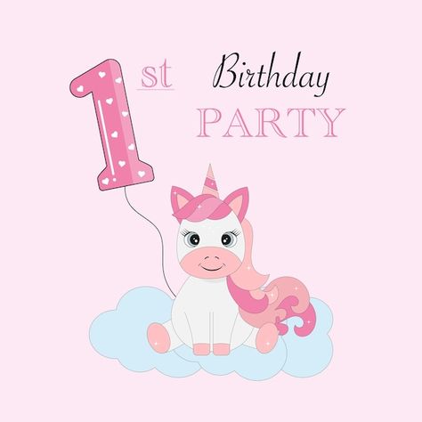 Vector invitation to the first birthday ... | Premium Vector #Freepik #vector #unicorn-horn #baby-party #balloon-decoration #baby-love Unicorn Horn, A Unicorn, Baby Party, Video New, Vector Photo, First Birthday, Premium Vector, Horn, First Birthdays