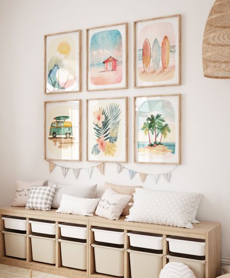 Gender neutral surf themed nursery decor  See our full collection: https://www.etsy.com/shop/PelandPiaPrints * Simple way to add stylish and colorful art to your nursery or older kids bedroom. * Nursery Wall Art that last beyond when they are little. * On trend way to affordably add colour and fun to your tween or teen's bedroom. Surf Nursery, Surf Nursery Decor, Ocean Theme Nursery, Surf Poster, Surf Wall Art, Boys Room Decor, Set of 6, Printable Wall Art  DISCOUNT CODES  Ready made sets count Vintage Beach Bedroom Ideas, California Themed Nursery, Surf Playroom, Surf Themed Nursery, Girls Beachy Bedroom, Surfer Nursery, Ocean Theme Nursery, Kids Bedroom Themes, Surfer Room