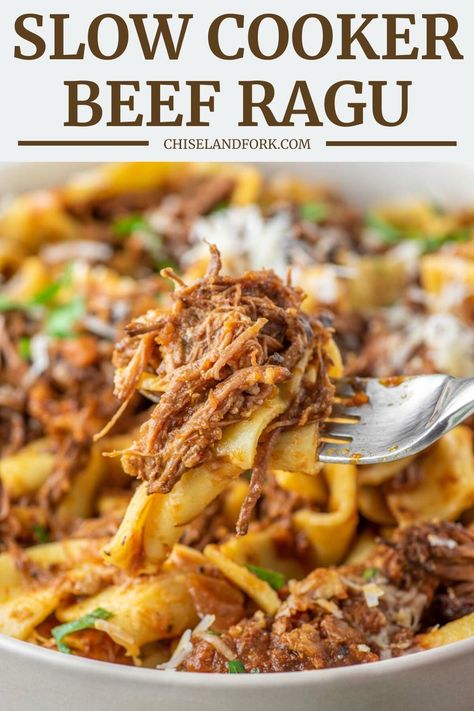 Chuck beef slow cooked in a rich, homemade tomato sauce and paired with pappardelle pasta makes these beef ragu a family staple. #beefragu #slowcookerbeefragu #slowcookerrecipe #pastarecipe #beefrecipe | chiselandfork.com Slow Cooker Beef Ragu, Beef Ragu Recipe, Comfort Pasta, Baked Rigatoni, Beef Ragu, Ragu Recipe, Pappardelle Pasta, Slow Cooker Recipes Beef, Slow Cooker Meatballs