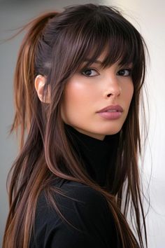 Long Hair And Fringe Bangs, Face Framing Bangs Straight Hair, Graduated Bangs, Bangs With Framing Pieces, Franje Pony, Different Styles Of Bangs, Long Hairstyle Women, Long Brown Hair With Bangs, Black To Brown Hair