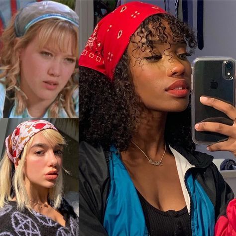 90s Bandana Outfit, 90s Bandana Hairstyles, Bandana Hairstyles Curly Hair, Bandana On Head, 90s Bandana, Random Hairstyles, 2c Hair, 2000s Hairstyles, Bandana Outfit