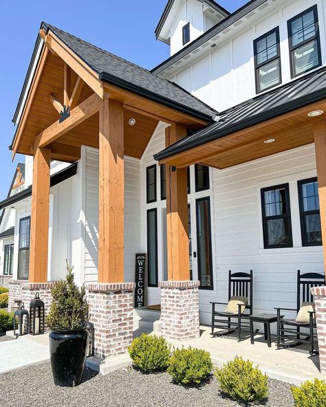 Farmhouse Porch Columns, Kitchen Island Corbels, Wood Porch Columns, Wood Front Porch, Front Porch Posts, Modern Farmhouse Porch, Front Porch Columns, Brick Porch, Porch Wood