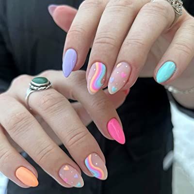 #summernails #funnails #uniquenails #nailkit Oval Acrylic Nails, Tape Stickers, Long Press On Nails, Manicure Diy, Almond Acrylic Nails, Almond Shape, Nails French, Acrylic Nail Art, Stick On Nails