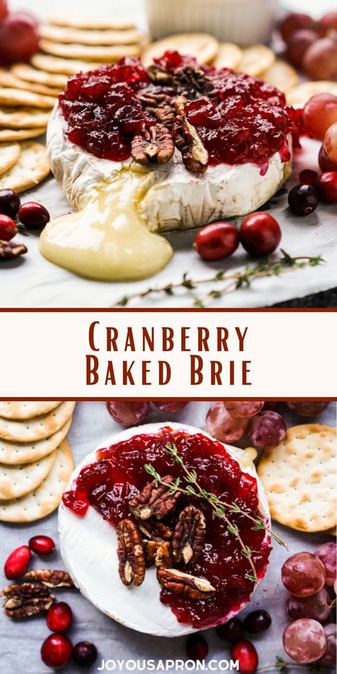 Baked Brie with Cranberry Sauce - oven baked brie is topped with pecans and homemade cranberry sauce. Perfect Christmas holiday appetizer or for new year eves parties. Ready under 20 minutes, this is festive, easy and so delicious! Cranberry Brie Cheese Recipes, Baked Brie Recipes Cranberry, What To Serve With Brie Cheese, Serving Brie Cheese, Brie Cheese Recipes Cranberries, Christmas Brie Cheese, Cooked Brie Cheese, Christmas Brie Wreath, Christmas Brie Appetizers