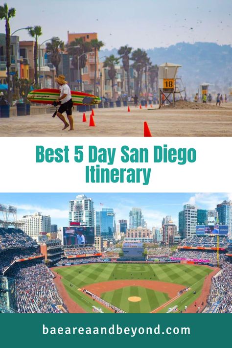 Check out our 5-day San Diego itinerary! We include different things to do each day, that suit every budget. You'll get to see the best parts of the city, try tasty food, and enjoy activities that locals love. San Diego 5 Day Itinerary, San Diego Itinerary, California Winery, Visit San Diego, Summer Vacation Destinations, Mission Beach, San Diego Zoo, Surf Lesson, Balboa Park