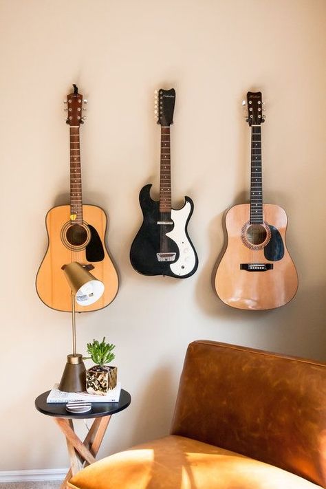 Ways To Hang Guitars On Wall, Guitars Hanging On Wall, How To Hang Guitars On The Wall, Hanging Guitars On Wall Ideas, Music Corner Ideas, Hang Guitar On Wall, Guitars On Wall, Guitar On Wall, Guitar Wall Display