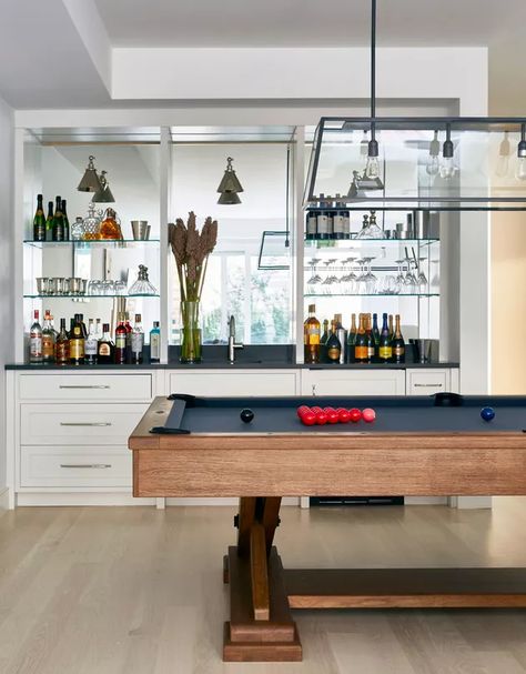 Basement Bar Ideas and Inspiration | Hunker Attic Renovation Before And After, Beach House Tour, Pool Table Room, Basement Family Room, Attic Renovation, Attic Remodel, Basement Walls, Pool Rooms, Attic Rooms