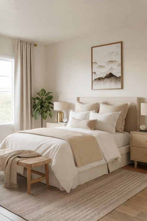 A minimalist beige bedroom with a neutral palette, soft bedding, and simple decor for a calm and cozy atmosphere Spare Bedroom Ideas Colour, Peaceful Guest Bedroom, Secondary Bedroom Ideas, Beige Guest Room, Guest Room Decor Ideas Cozy, One Bedroom Airbnb Ideas, Spa Guest Bedroom, Cozy Room Makeover, Room Makeover Bedroom Inspiration