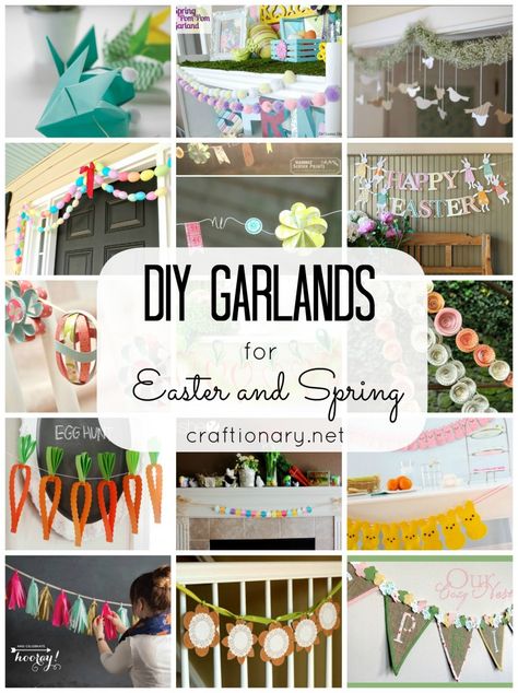 20 DIY garlands for Easter and Spring. Tutorials to make handmade garlands for home. Garlands with Paper, flowers, tassel, carrots, rabbits, burlap and more Easter Garland Diy, Diy Garlands, Spring Garland, Spring Banner, Spring Things, Easter Decorating, Bunny Treats, Garland Diy, Easter Garland