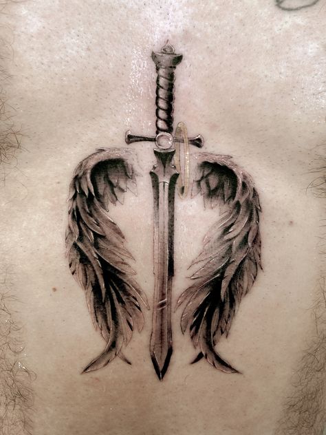 Knife With Wings Tattoo, Wings And Swords Tattoo, Angel Swordsman Tattoo, Angel Blade Tattoo, Shield Tattoo Design, Heaven And Hell Tattoo, Arm Cover Up Tattoos, Heart With Wings Tattoo, Athena Tattoo