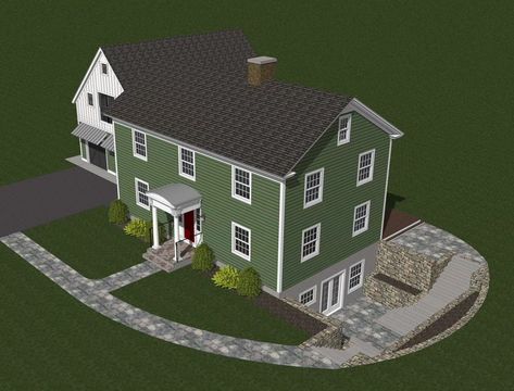 Design concept to renovate a colonial revival home and create a daylight basement to create a code compliant bedroom and additional living space with a separate entrance. #renovation #daylightbasement #landscapedesign #colonial #residentialdesign Bloxburg Colonial House, Entrance Renovation, Colonial Revival Home, Daylight Basement, Colonial Revival, Colonial House, Residential Design, Design Concept, Landscape Design