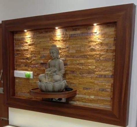 Entrance Budha Design, Living Room Wall Designs Budha, Stone Temple Design For Home, Buddha Wall Design, Buddha Design Interiors, Buddha Wall Decor Living Room, Ganesh Statue Home Entrance, Buddha Decor Entryway, Buddha Statue Home Interior Design