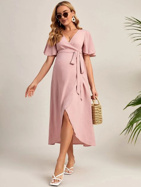 SHEIN Maternity Flutter Sleeve Belted Wrap Dress | SHEIN Maternity Casual Dresses, Pregnant Party Outfit, Maternity Outfits Plus Size, Maternity Party Wear, Classy Maternity Outfits, Short Maternity Dress, Long Maternity Dress, Vestidos Para Baby Shower, Maternity Wear Dresses