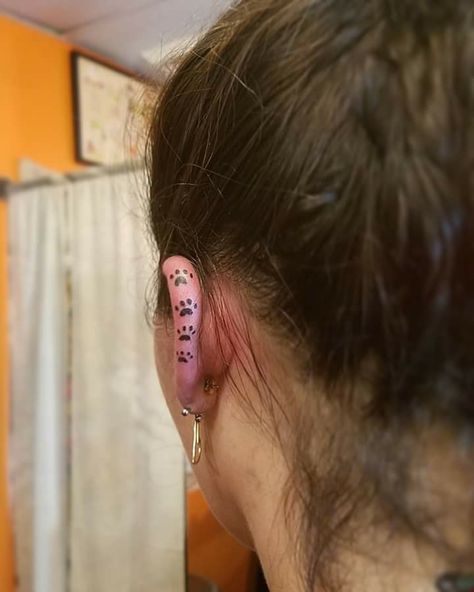 Tattoos On Ears For Women, Ear Rim Tattoo, Red Ink Ear Tattoo, Small Inner Ear Tattoos For Women, Dog Tattoo Behind Ear, Ear Cuff Tattoo Ideas, Inside Ear Tattoos For Women, Ear Cartilage Tattoo, Inner Ear Tattoo Ideas