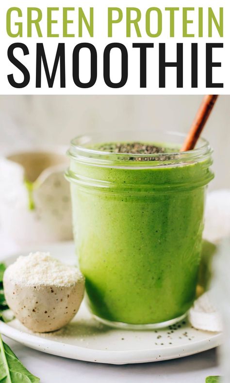 This green protein smoothie is packed with spinach, banana and vanilla protein powder and makes for the perfect healthy breakfast or post-workout snack! Added bonus: it’s vegan and dairy-free! Green Protein Smoothie, Smoothie Kale, Greek Yogurt Smoothie, Spinach Smoothie Recipes, Protein Powder Smoothie, Easy Green Smoothie, Perfect Healthy Breakfast, Kale Smoothie, Homemade Almond Milk