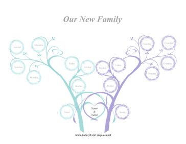 Perfect for weddings, this printable family tree features two beautiful trees intertwining their roots and sharing family members. Free to download and print Blended Family Tree Template, Printable Family Tree, Blending Families, Family Tree Printable, Family Tree Designs, Vowel Renewal, Blended Families, Tree Projects, Tree Template