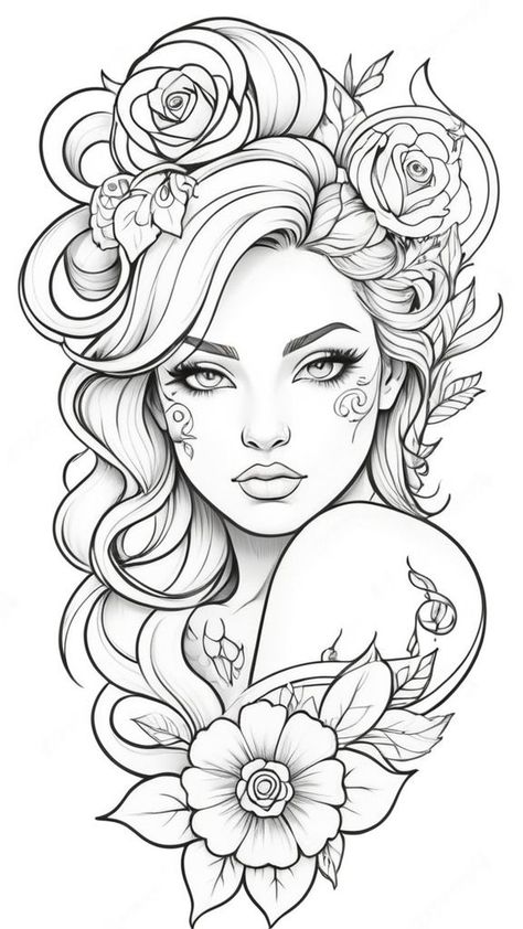 Coloring Book Art Beautiful, Traceable Drawings Free Printable, Tattoo Coloring Pages For Adults, Traceable Drawings, Tattoo Coloring Pages, Face Coloring Pages, Face Coloring, Catrina Tattoo, Tattoo Coloring Book