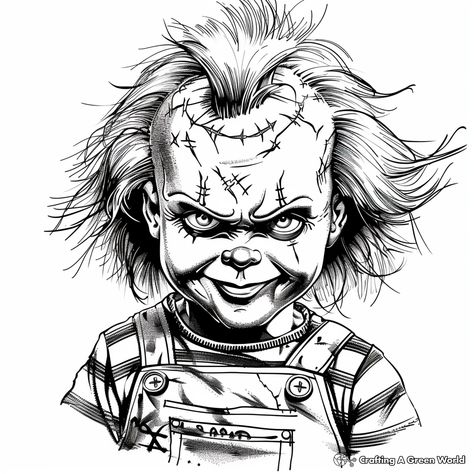 Chucky Tattoo Outline, Chucky Stencil, Chucky Sketch, Chucky Coloring Pages, Chucky Drawing, Chucky Tattoo, Prison Drawings, Prison Art, Kindergarten Coloring Pages