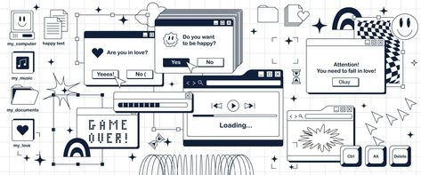 The black-and-white interface of an old computer of the 90s, 2000s. Retro desktop pc. Windows and desktop icons Old Computer, Desktop Icons, Pc Windows, Computer Icon, Old Computers, 90s 2000s, Desktop Pc, The 90s, Vector Art