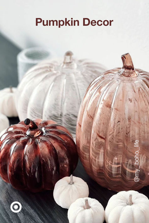 Pumpkin decor, but make it gourd-geous with a mix of colors & textures. From glass pumpkins to woven gourds, huddle ‘em together for warm fall centerpieces you’ll love all season long. Bowl With Pumpkins Decor, Glass Pumpkins Display, Glass Pumpkin Decor, Hannah Core, Neutral Halloween, Fall Centerpieces, Fall Fireplace, Thanksgiving 2024, Harvest Decor