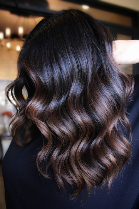 Brunette inspo hair Glaze For Brunettes, Dark Brown Hair With Cinnamon Balayage, Best Highlights For Black Hair Short, Moka Brown Hair, Dark Brown Hair With Mocha Highlights, Winter Highlights For Black Hair, Dark Brunette Hair With Highlights Low Lights, Best Highlights For Black Hair Dark Skin, Dark Brown Hair With Brown Lowlights