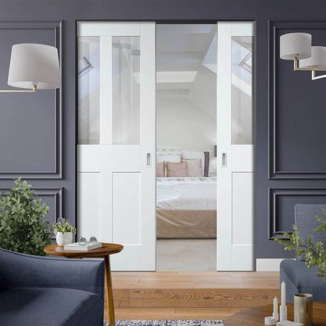 Pocket Door Makeover, Tv Snug Room, Kitchen Extension Doors, Tv Snug, Shaker Interior Doors, Double Pocket Door, Show Jumper, Internal Folding Doors, Pocket Door Frame