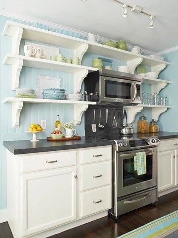 Nice Kitchens, Kitchen Shelf Design, Kitchen Facelift, Cottage Kitchen Design, Open Kitchen And Living Room, Craftsman Homes, Small Cottage Kitchen, Dream Cabin, Kitchen Makeovers