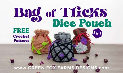 DnD Dice Bag of Tricks - FREE Crochet Pattern for TTRPGs Crochet Dice Bag Pattern Free, Dice Bag Crochet Pattern, Dnd Crochet, Dice Bag Pattern, Crochet Dice Bag, Dnd Dice Bag, Dice Bags, Bag Crochet Pattern, Mug Rug Patterns