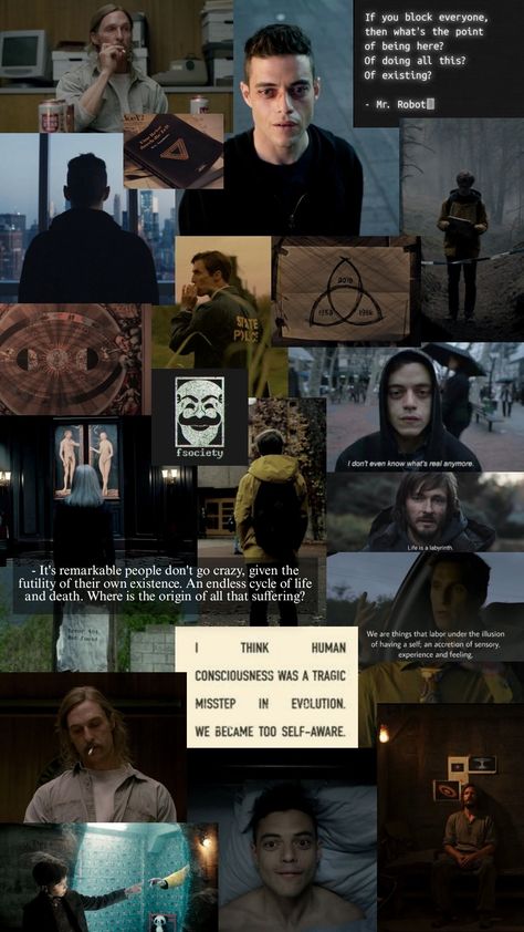 Multi picture of mr robot and dark Netflix series Multifandom Wallpaper, True Detective Quotes, Social Network Movie, Darkest Academia, Dark Netflix, Bob Marley Quotes, Rami Malek, True Detective, Mr Robot