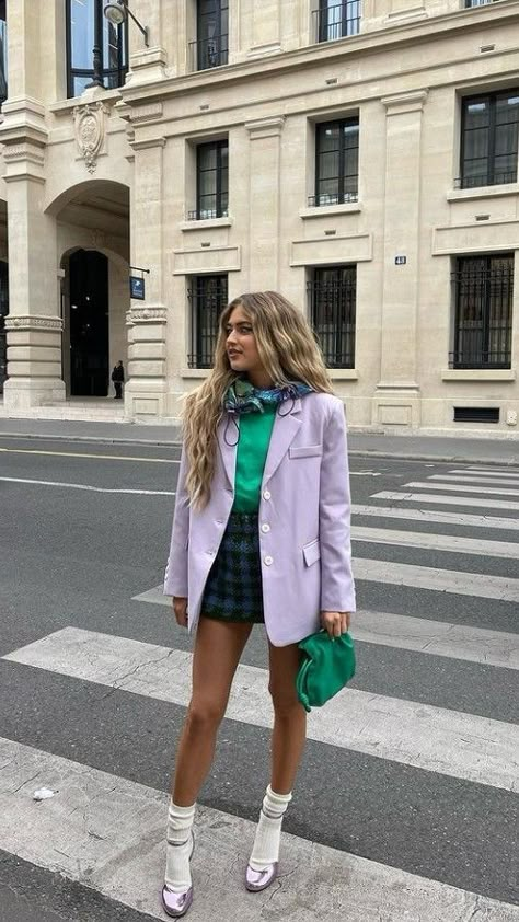 Purple Color Wars Outfit, Milan Street Style 2024, Lilac And Green Outfit, Purple Heels Outfit, Lilac Blazer Outfit, School Style Outfits, Clueless Outfits Inspiration, Emili Sindlev Style, Eclectic Style Fashion