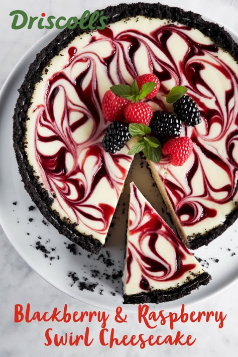 This creamy classic raspberry swirl cheesecake is both colorful and flavorful thanks to a mix of fresh raspberry & blackberry purees. Plan ahead to make this stunning dessert for your next holiday gathering. Amazing Deserts, Raspberry Swirl Cheesecake, Cheesecake Oreo, Swirl Cheesecake, Torte Cupcake, Berry Cheesecake, Dessert Oreo, Delectable Desserts, Cheesecake Desserts