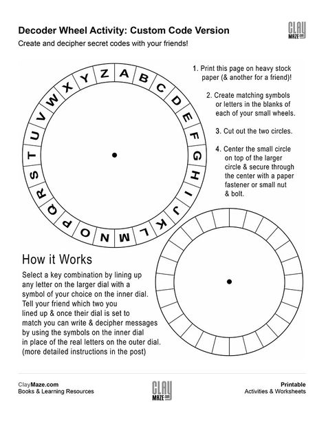 This template is the customizable version of our Random Alphabet Decoder Wheel.  There are three decoder wheels in all allowing for the coding and decoding of secret messages using random alphabet letters, symbols or your… Cipher Wheel, Escape Room Diy, Escape Room For Kids, Code Secret, Escape Room Puzzles, Spy Party, Letter Worksheets, Secret Code, Escape Game