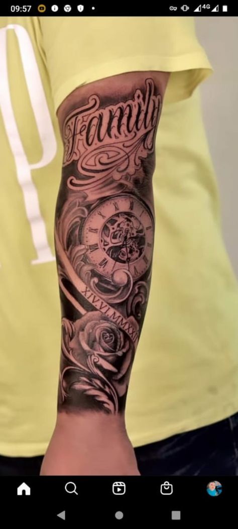 Clock Bicep Tattoo Men, Family Clock Tattoos For Men, Men Tattoos Arm Sleeve Family, Compass Family Tattoo Ideas, Sleave Tats Men, Full Hand Tattoo Men Design, Mens Tattoos Ideas Forearm Unique, Tattoo Ideas For Men Family, Family Tattoos For Men Arm